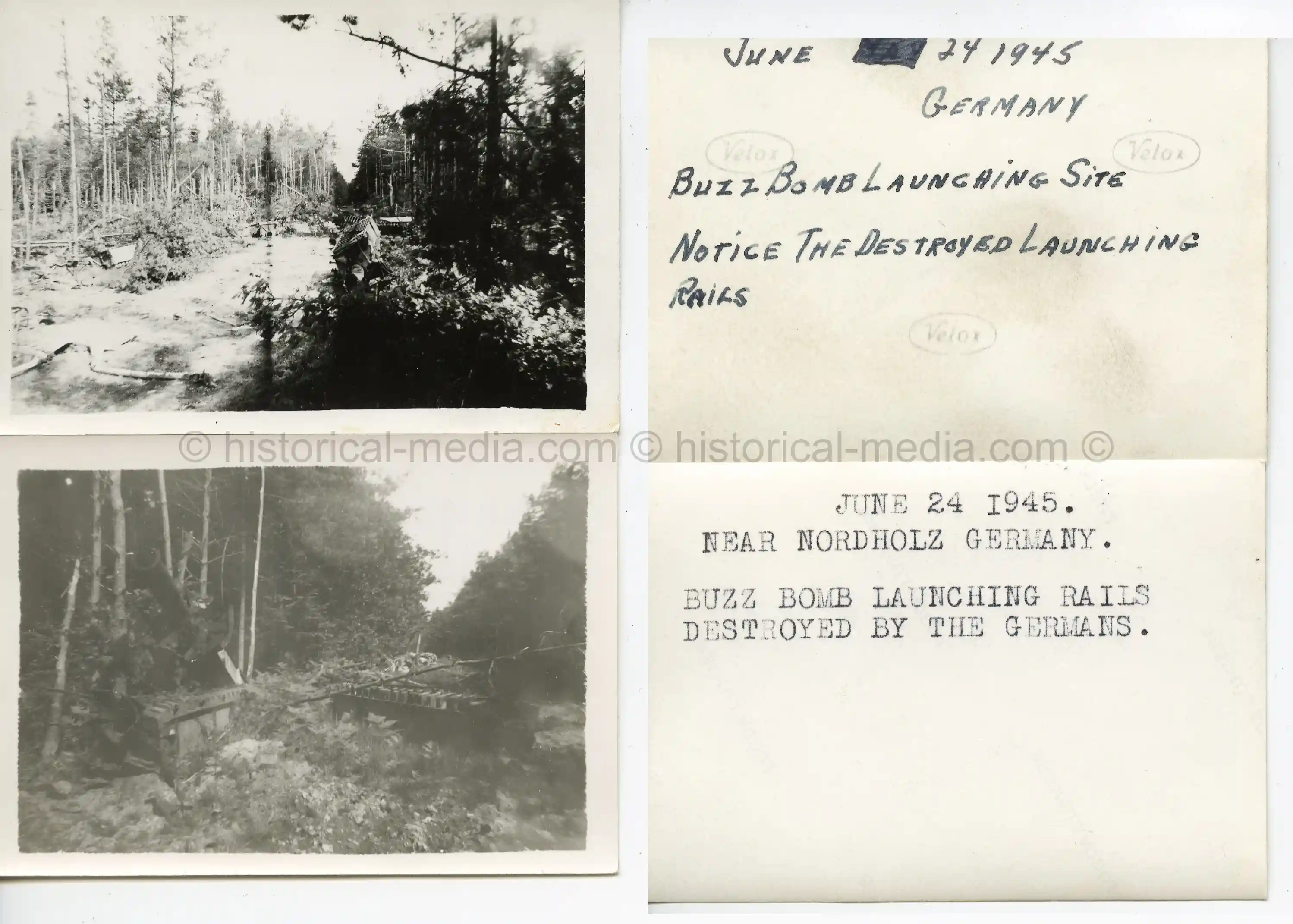 2X USGI PHOTOS CAPTURED V-1 LAUNCHING SITE - 1945