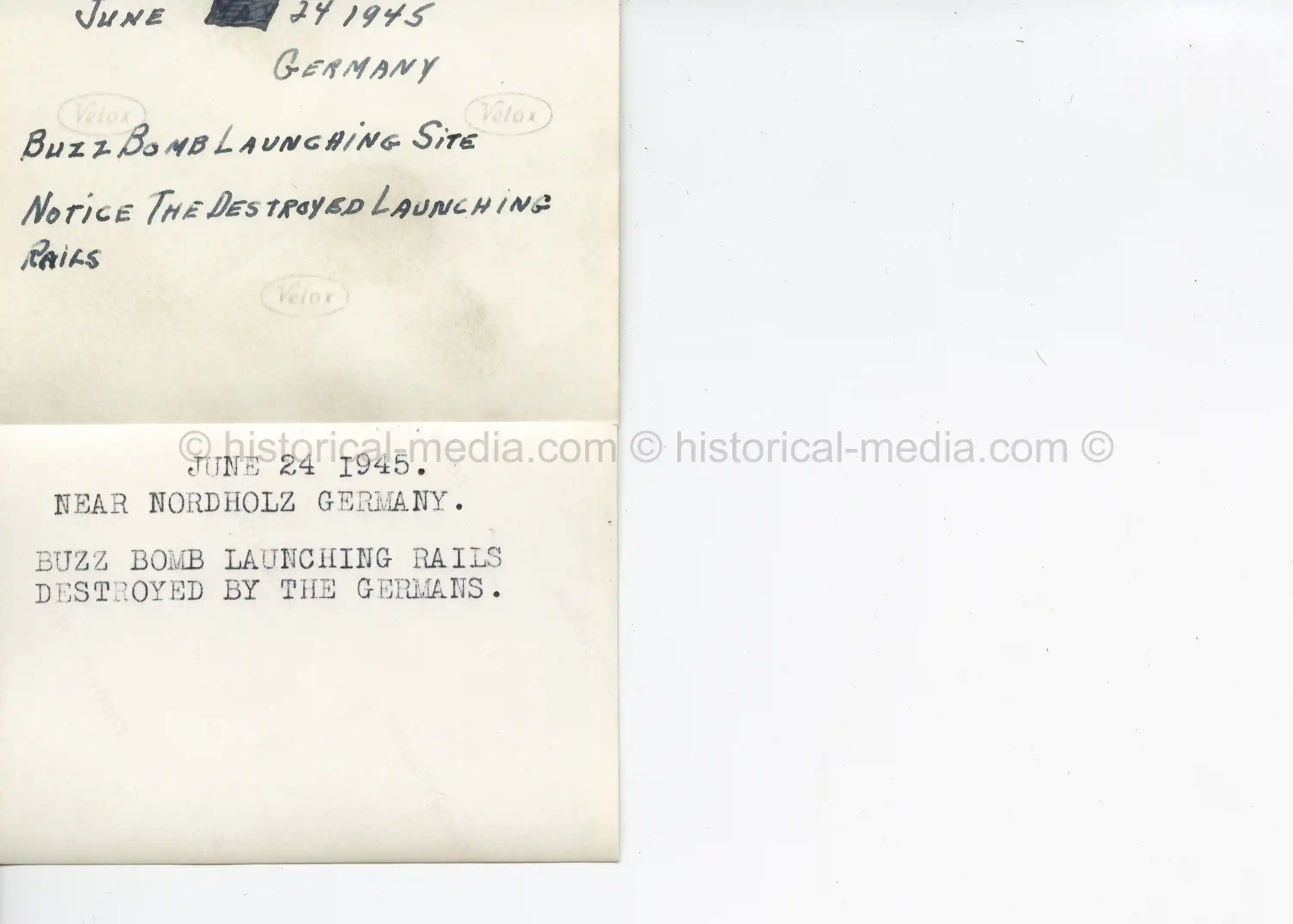 2X USGI PHOTOS CAPTURED V-1 LAUNCHING SITE - 1945