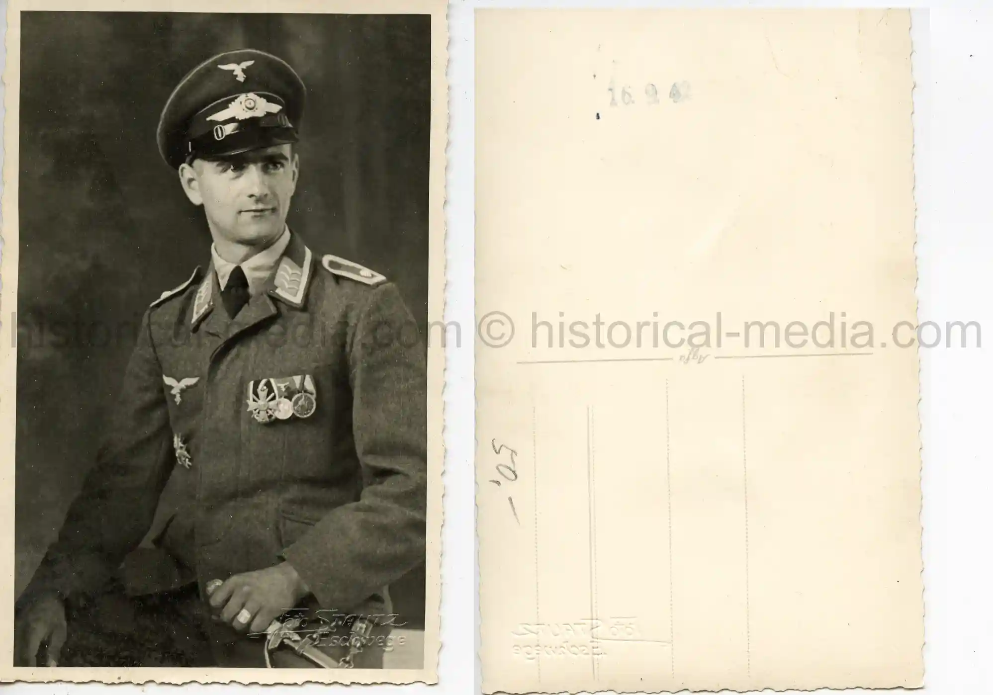 STUDIO PORTRAIT PHOTO - LUFTWAFFE DRESS DAGGER & SPANISH CROSS
