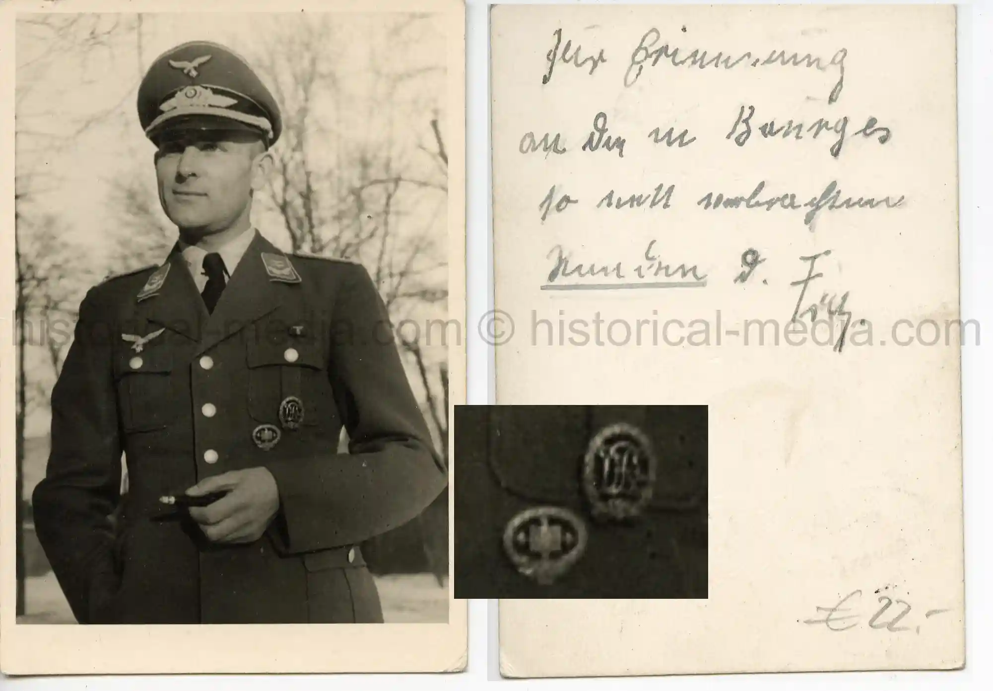 FIELD PORTRAIT PHOTO - LUFTWAFFE OFFICER + WEIGHTLIFTING BADGE - SCARCE