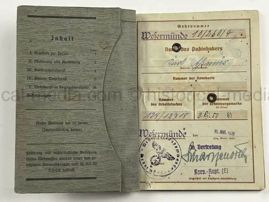 WWII GERMAN WEHRPASS – OBERGEFREITER KARL ABMUS – PIONIER BTL. 22 / 50 / 30 – POLENFELDZUG – OSTFRONT – KIA 18.3.1943 STARAJA RUSSA