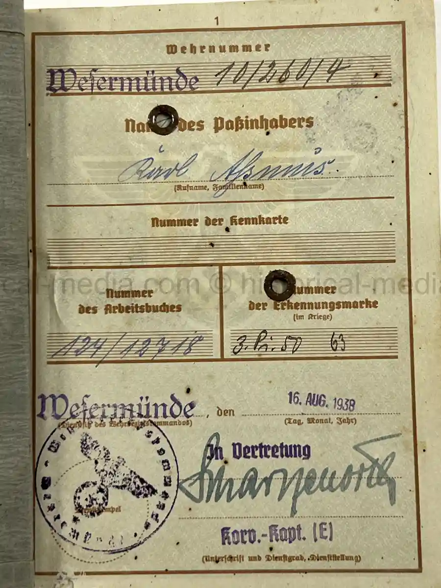 WWII GERMAN WEHRPASS – OBERGEFREITER KARL ABMUS – PIONIER BTL. 22 / 50 / 30 – POLENFELDZUG – OSTFRONT – KIA 18.3.1943 STARAJA RUSSA