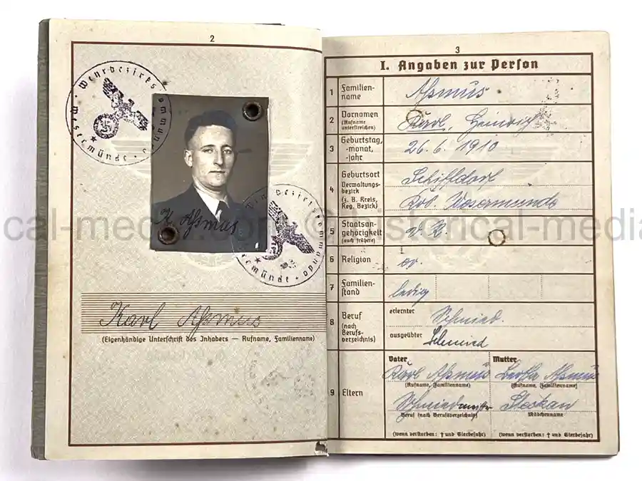 WWII GERMAN WEHRPASS – OBERGEFREITER KARL ABMUS – PIONIER BTL. 22 / 50 / 30 – POLENFELDZUG – OSTFRONT – KIA 18.3.1943 STARAJA RUSSA