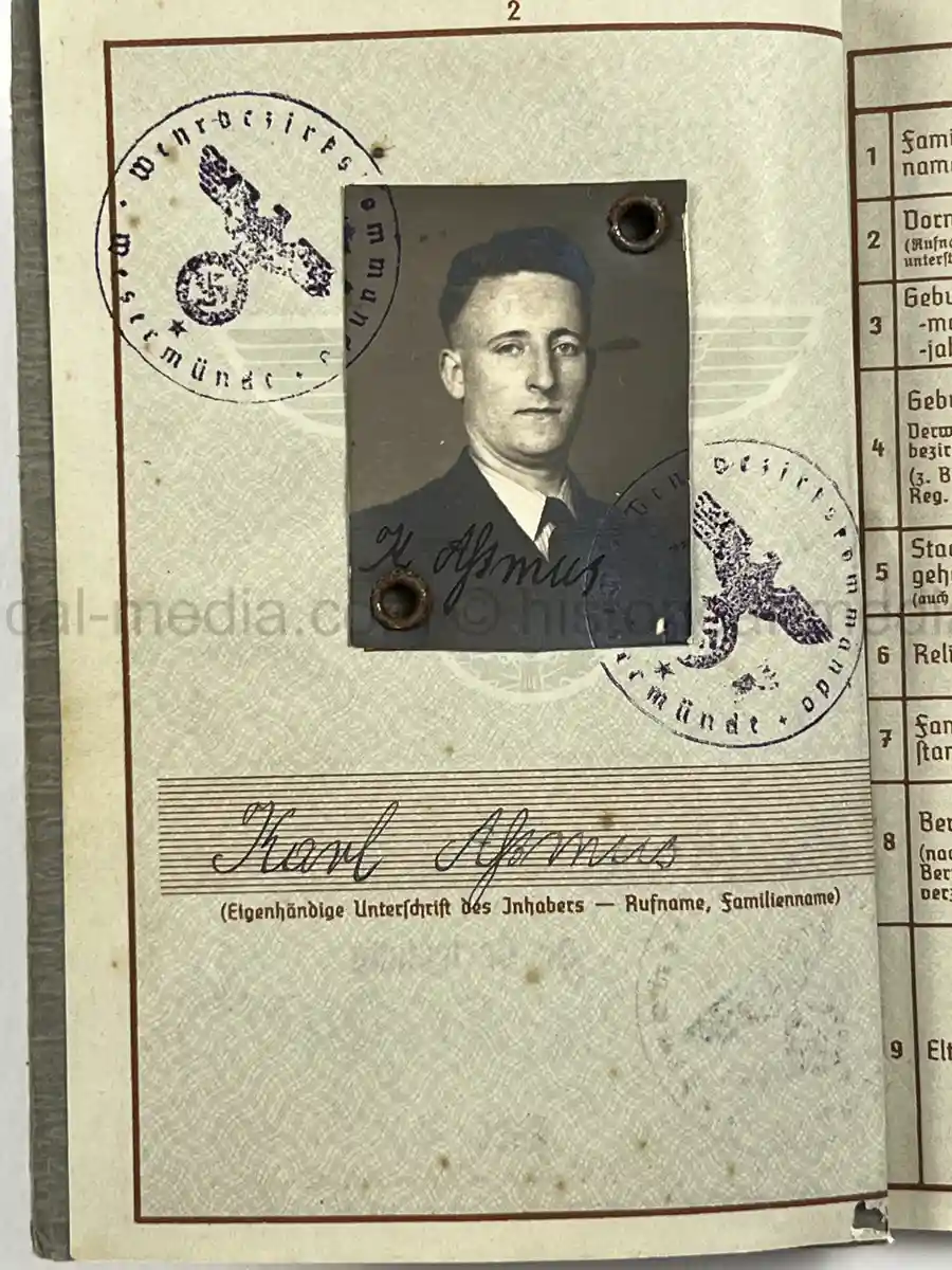 WWII GERMAN WEHRPASS – OBERGEFREITER KARL ABMUS – PIONIER BTL. 22 / 50 / 30 – POLENFELDZUG – OSTFRONT – KIA 18.3.1943 STARAJA RUSSA
