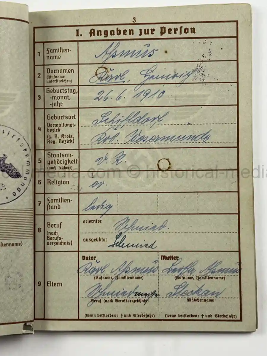 WWII GERMAN WEHRPASS – OBERGEFREITER KARL ABMUS – PIONIER BTL. 22 / 50 / 30 – POLENFELDZUG – OSTFRONT – KIA 18.3.1943 STARAJA RUSSA