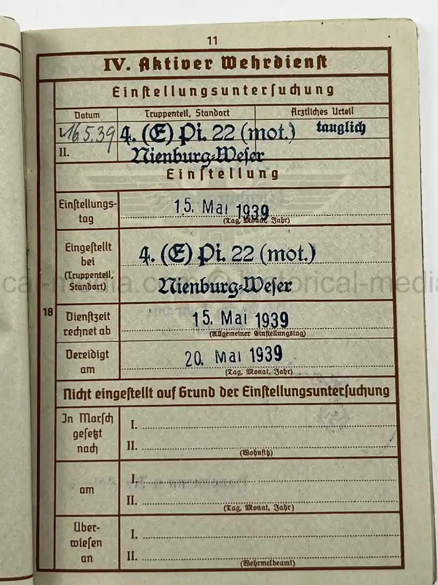 WWII GERMAN WEHRPASS – OBERGEFREITER KARL ABMUS – PIONIER BTL. 22 / 50 / 30 – POLENFELDZUG – OSTFRONT – KIA 18.3.1943 STARAJA RUSSA