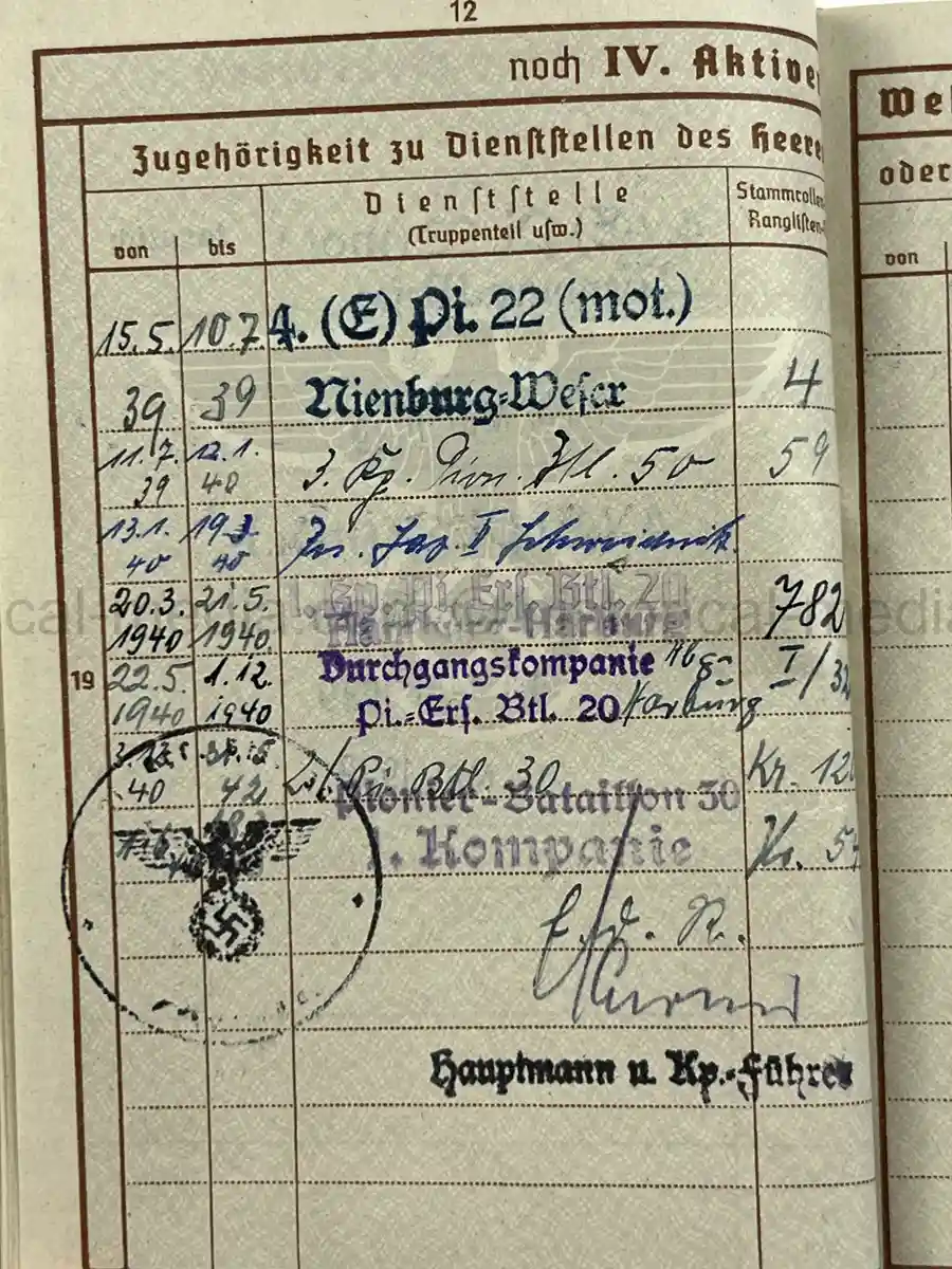 WWII GERMAN WEHRPASS – OBERGEFREITER KARL ABMUS – PIONIER BTL. 22 / 50 / 30 – POLENFELDZUG – OSTFRONT – KIA 18.3.1943 STARAJA RUSSA