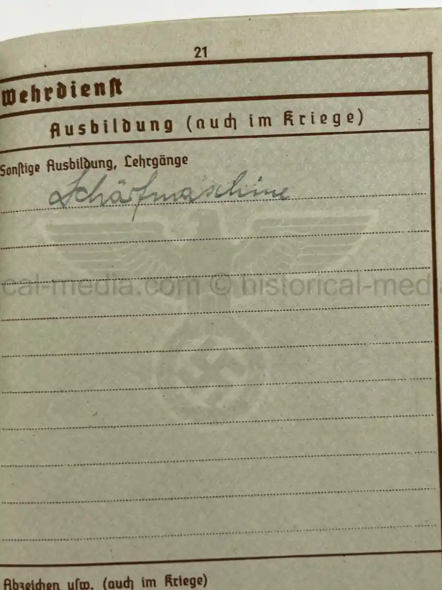 WWII GERMAN WEHRPASS – OBERGEFREITER KARL ABMUS – PIONIER BTL. 22 / 50 / 30 – POLENFELDZUG – OSTFRONT – KIA 18.3.1943 STARAJA RUSSA