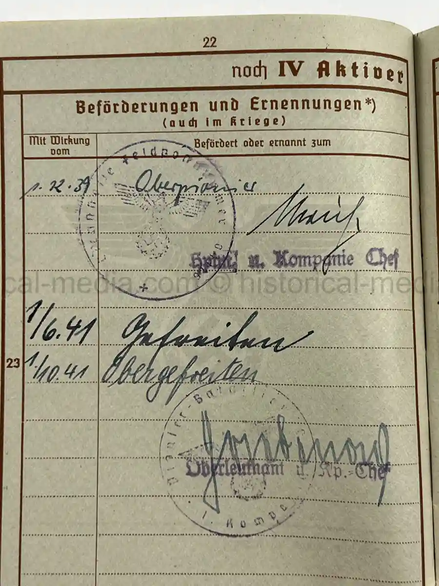 WWII GERMAN WEHRPASS – OBERGEFREITER KARL ABMUS – PIONIER BTL. 22 / 50 / 30 – POLENFELDZUG – OSTFRONT – KIA 18.3.1943 STARAJA RUSSA