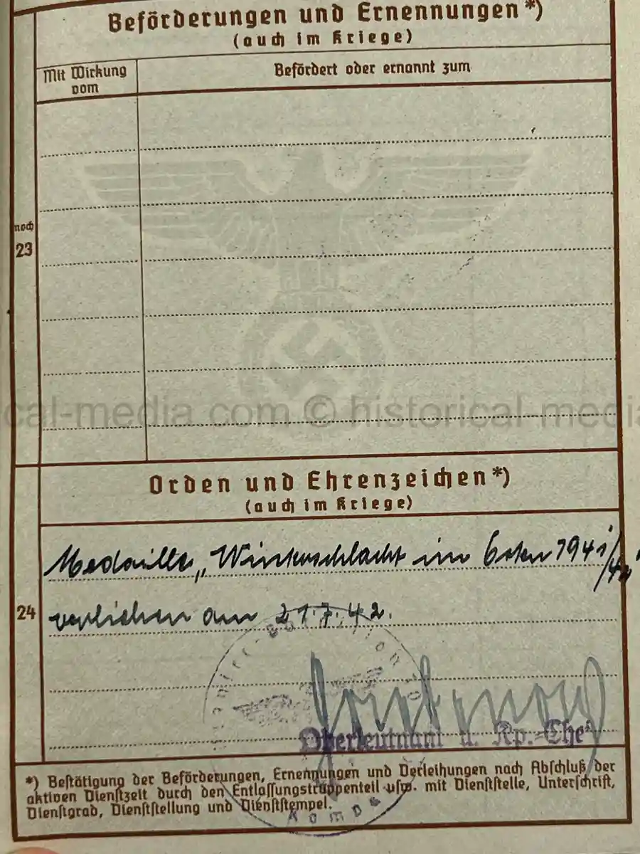 WWII GERMAN WEHRPASS – OBERGEFREITER KARL ABMUS – PIONIER BTL. 22 / 50 / 30 – POLENFELDZUG – OSTFRONT – KIA 18.3.1943 STARAJA RUSSA