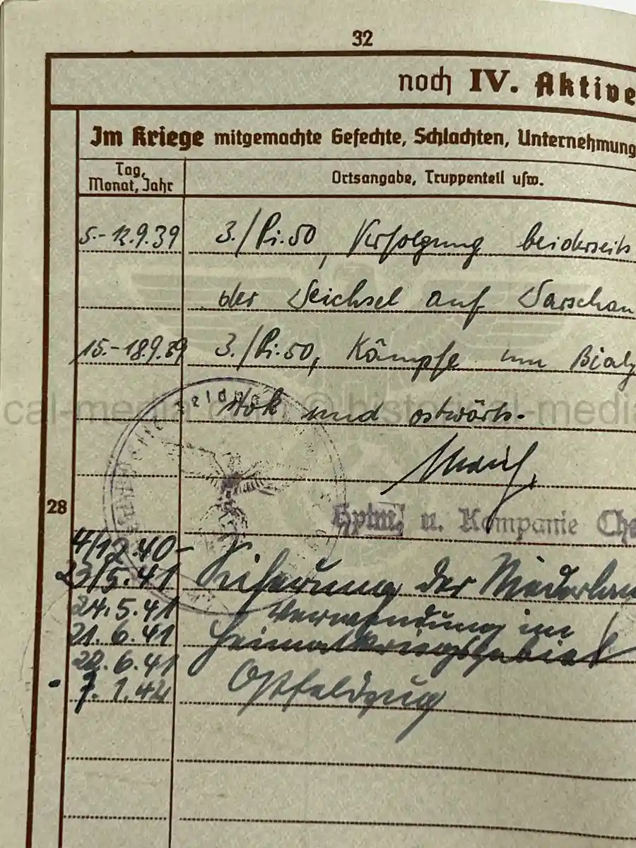 WWII GERMAN WEHRPASS – OBERGEFREITER KARL ABMUS – PIONIER BTL. 22 / 50 / 30 – POLENFELDZUG – OSTFRONT – KIA 18.3.1943 STARAJA RUSSA