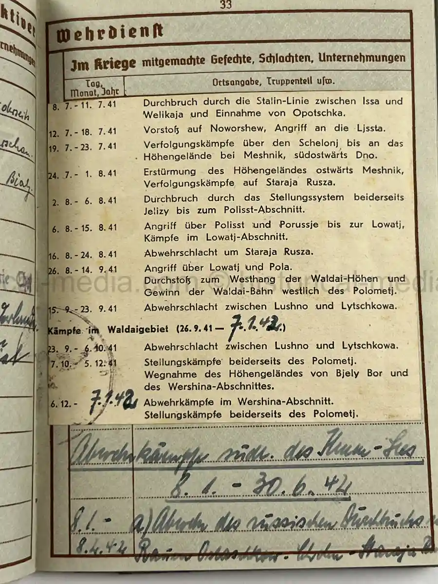 WWII GERMAN WEHRPASS – OBERGEFREITER KARL ABMUS – PIONIER BTL. 22 / 50 / 30 – POLENFELDZUG – OSTFRONT – KIA 18.3.1943 STARAJA RUSSA