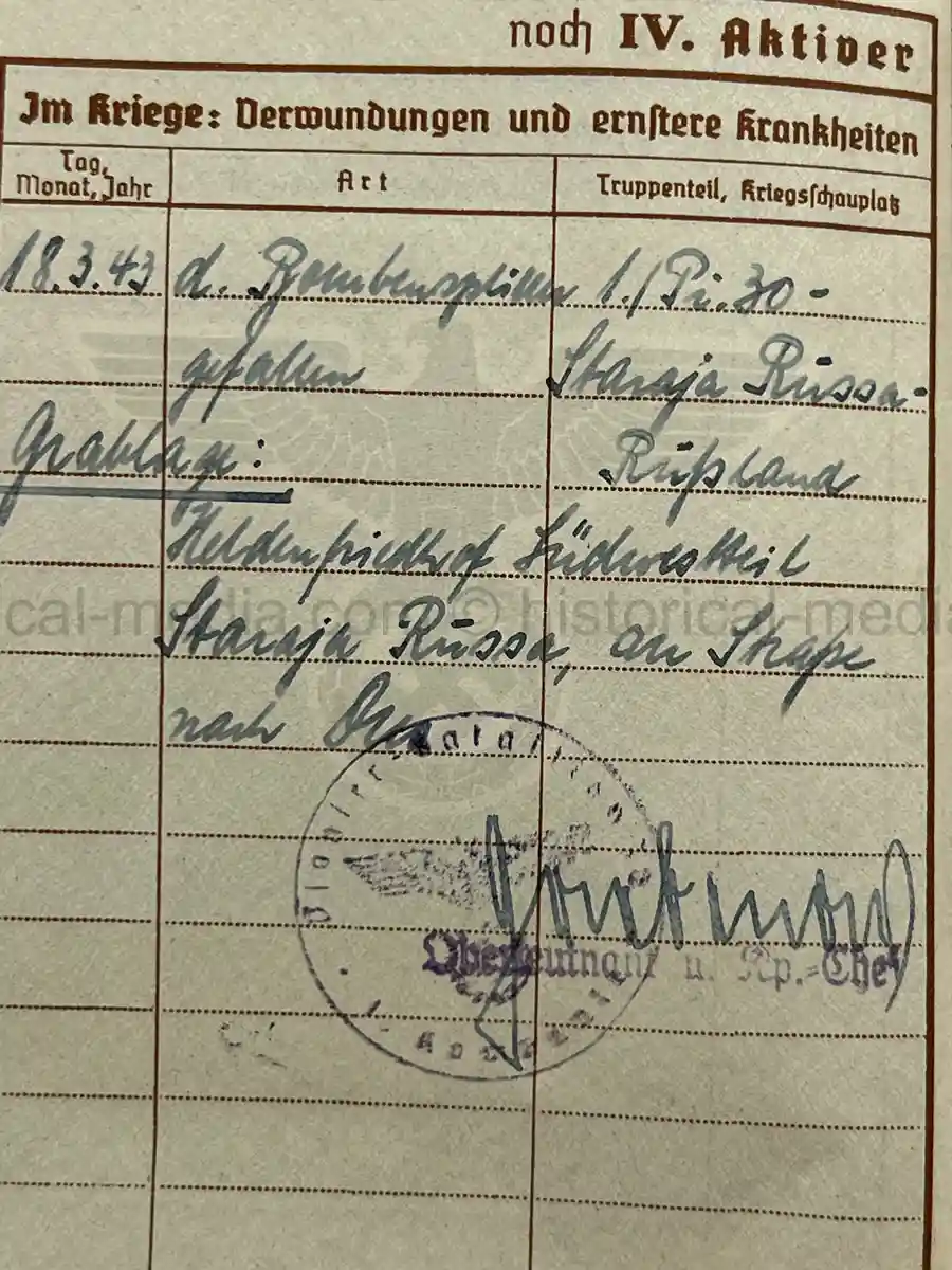WWII GERMAN WEHRPASS – OBERGEFREITER KARL ABMUS – PIONIER BTL. 22 / 50 / 30 – POLENFELDZUG – OSTFRONT – KIA 18.3.1943 STARAJA RUSSA