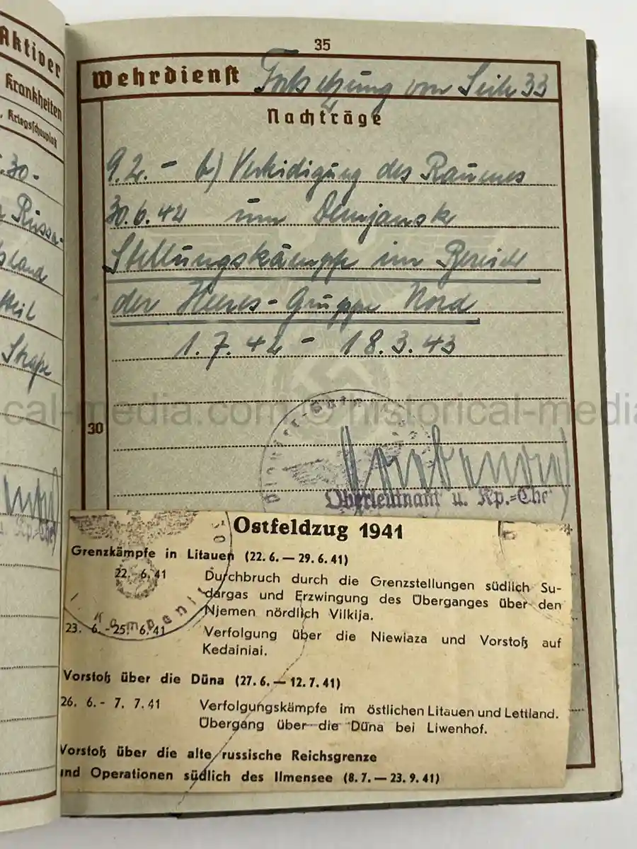 WWII GERMAN WEHRPASS – OBERGEFREITER KARL ABMUS – PIONIER BTL. 22 / 50 / 30 – POLENFELDZUG – OSTFRONT – KIA 18.3.1943 STARAJA RUSSA