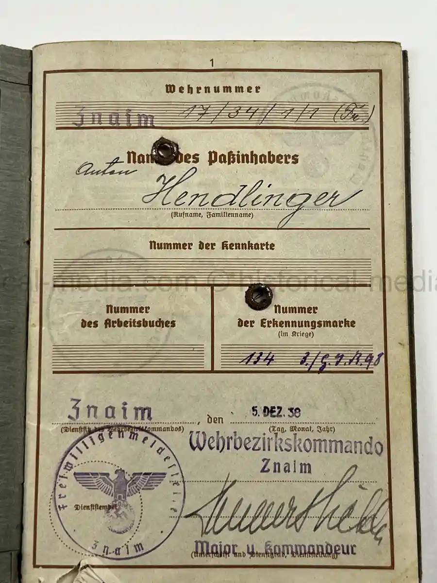 WEHRPASS – GEBIRGSJÄGER – ANTON HENDLINGER – JÄGER REGT. 207 – POLENFELDZUG – FRANKREICHFELDZUG – OSTFRONT – EKII – KUBANSCHILD – KIA 25.5.1943 BRYANSK AREA