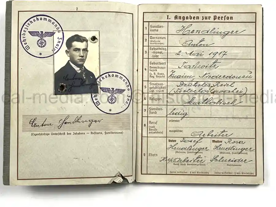 WEHRPASS – GEBIRGSJÄGER – ANTON HENDLINGER – JÄGER REGT. 207 – POLENFELDZUG – FRANKREICHFELDZUG – OSTFRONT – EKII – KUBANSCHILD – KIA 25.5.1943 BRYANSK AREA