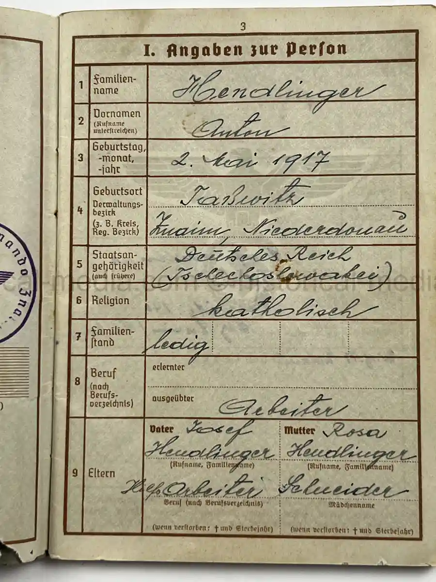 WEHRPASS – GEBIRGSJÄGER – ANTON HENDLINGER – JÄGER REGT. 207 – POLENFELDZUG – FRANKREICHFELDZUG – OSTFRONT – EKII – KUBANSCHILD – KIA 25.5.1943 BRYANSK AREA