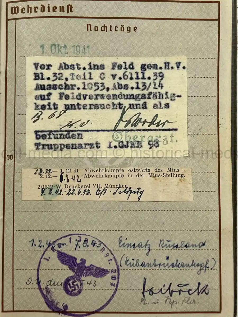 WEHRPASS – GEBIRGSJÄGER – ANTON HENDLINGER – JÄGER REGT. 207 – POLENFELDZUG – FRANKREICHFELDZUG – OSTFRONT – EKII – KUBANSCHILD – KIA 25.5.1943 BRYANSK AREA