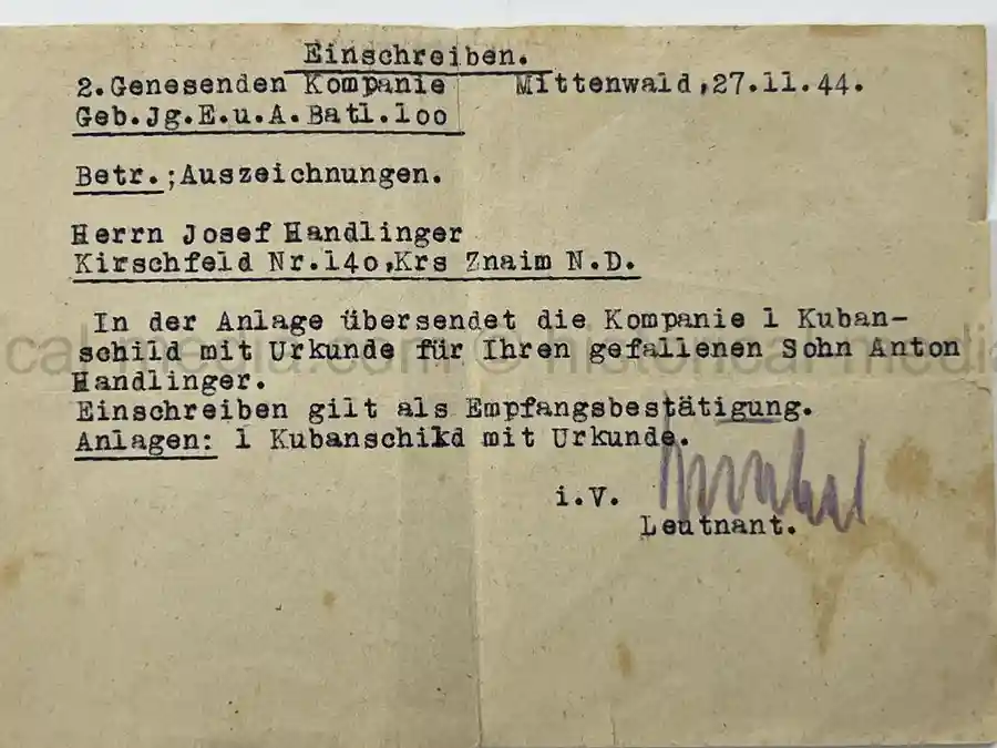 WEHRPASS – GEBIRGSJÄGER – ANTON HENDLINGER – JÄGER REGT. 207 – POLENFELDZUG – FRANKREICHFELDZUG – OSTFRONT – EKII – KUBANSCHILD – KIA 25.5.1943 BRYANSK AREA