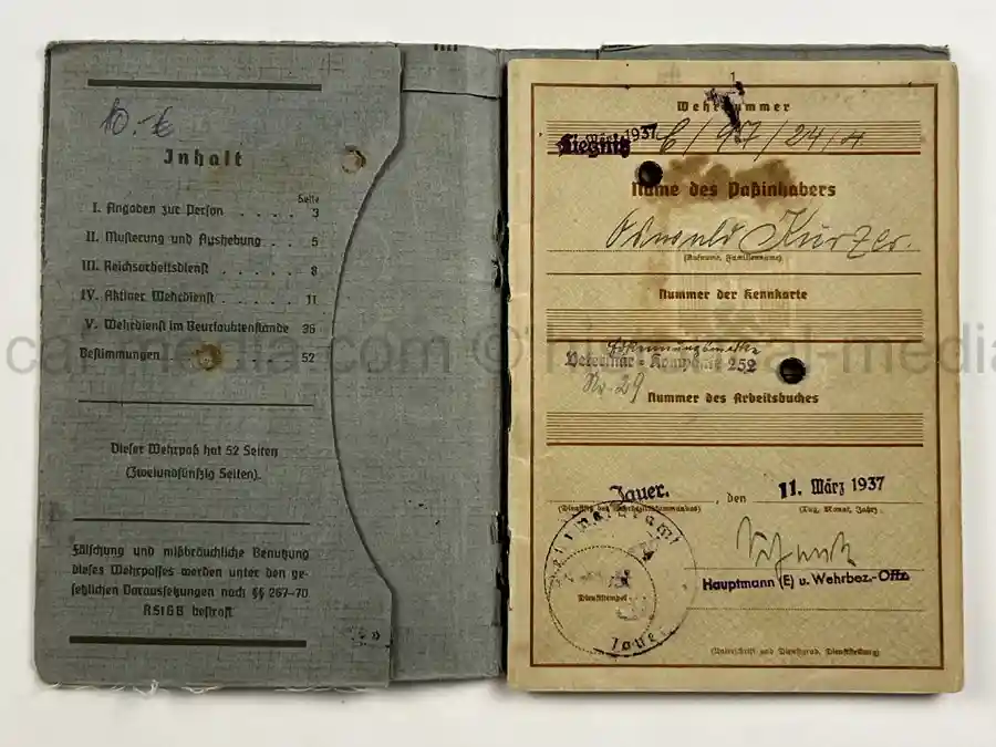 WEHRPASS – UNTEROFFIZIER ARNOLD KÜRZER – VETERINÄR-KOMPANIE 252 – POLENFELDZUG – EKII – EHRENKREUZ F. FRONTKÄMPFER