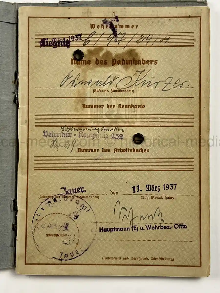 WEHRPASS – UNTEROFFIZIER ARNOLD KÜRZER – VETERINÄR-KOMPANIE 252 – POLENFELDZUG – EKII – EHRENKREUZ F. FRONTKÄMPFER