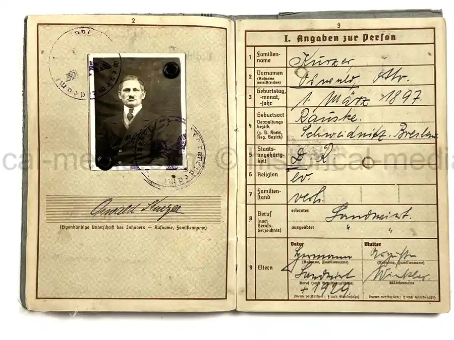 WEHRPASS – UNTEROFFIZIER ARNOLD KÜRZER – VETERINÄR-KOMPANIE 252 – POLENFELDZUG – EKII – EHRENKREUZ F. FRONTKÄMPFER