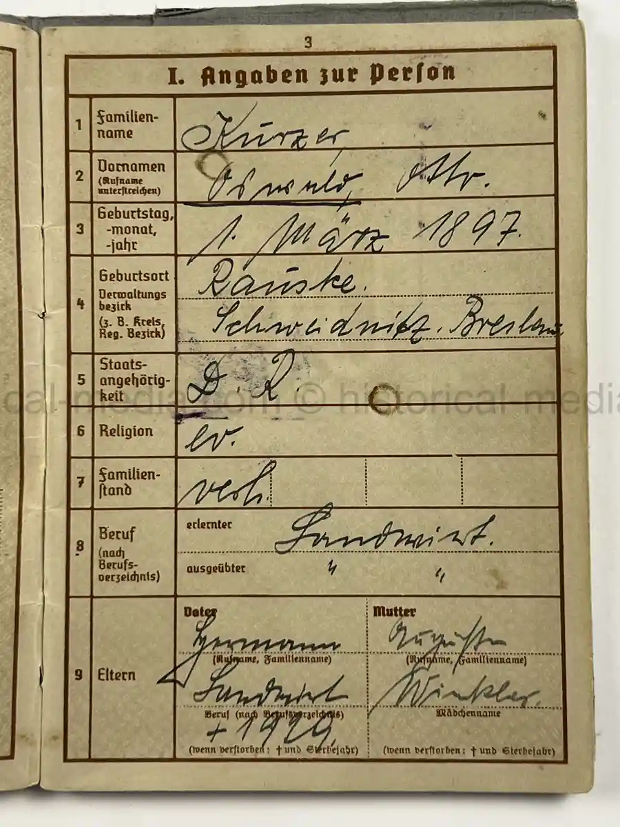 WEHRPASS – UNTEROFFIZIER ARNOLD KÜRZER – VETERINÄR-KOMPANIE 252 – POLENFELDZUG – EKII – EHRENKREUZ F. FRONTKÄMPFER