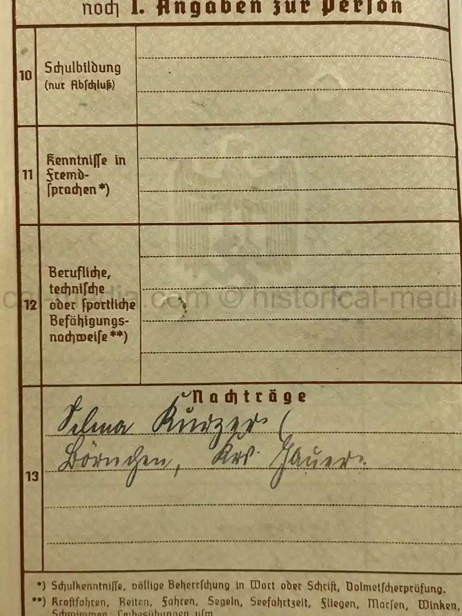WEHRPASS – UNTEROFFIZIER ARNOLD KÜRZER – VETERINÄR-KOMPANIE 252 – POLENFELDZUG – EKII – EHRENKREUZ F. FRONTKÄMPFER