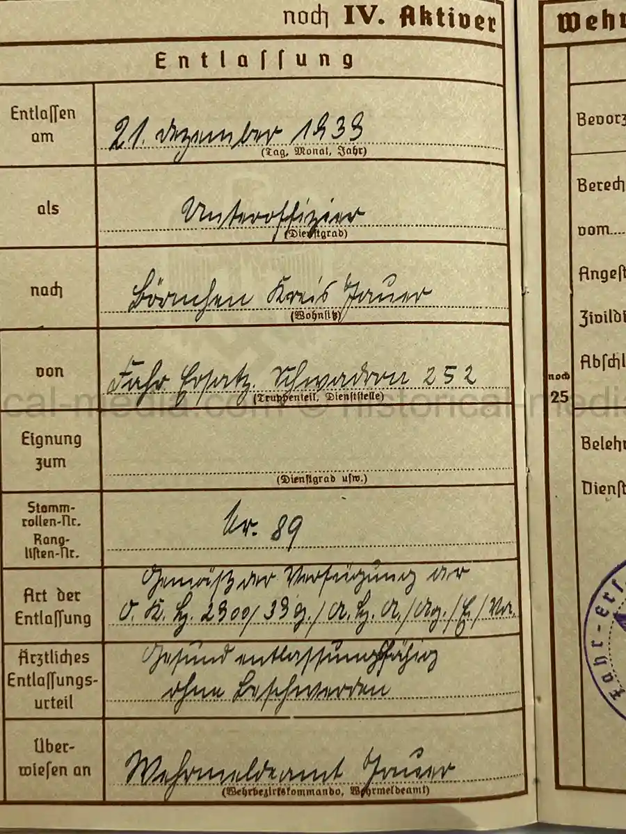 WEHRPASS – UNTEROFFIZIER ARNOLD KÜRZER – VETERINÄR-KOMPANIE 252 – POLENFELDZUG – EKII – EHRENKREUZ F. FRONTKÄMPFER