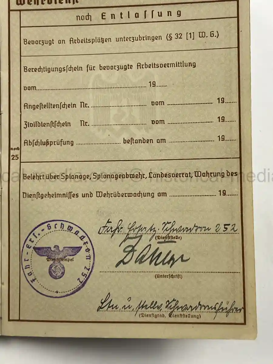 WEHRPASS – UNTEROFFIZIER ARNOLD KÜRZER – VETERINÄR-KOMPANIE 252 – POLENFELDZUG – EKII – EHRENKREUZ F. FRONTKÄMPFER