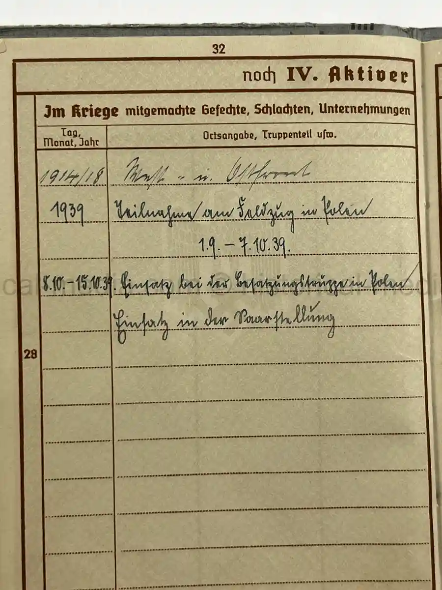 WEHRPASS – UNTEROFFIZIER ARNOLD KÜRZER – VETERINÄR-KOMPANIE 252 – POLENFELDZUG – EKII – EHRENKREUZ F. FRONTKÄMPFER