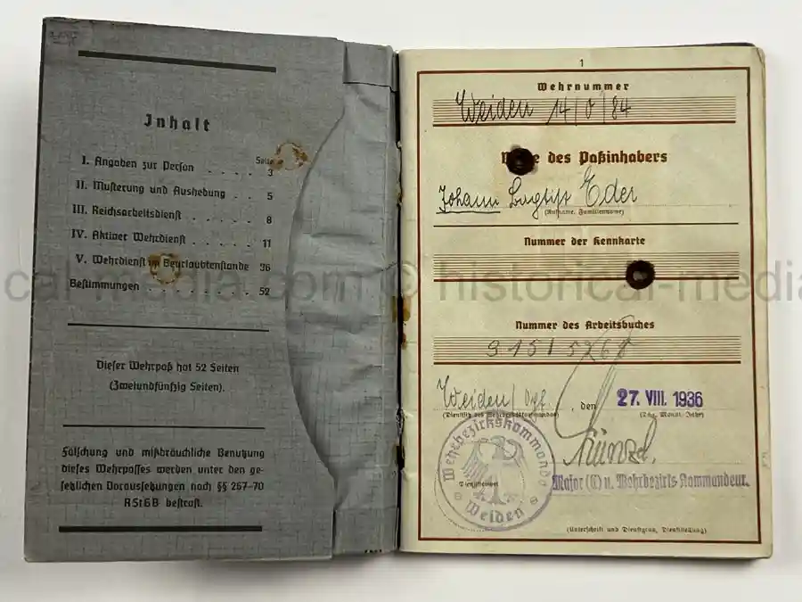 WWII GERMAN WEHRPASS – INFANTERIE – JOHANN EDER – INF. REGT. 41 / 20 – POLENFELDZUG – WOUNDED 1939 – BATTLE OF BZURA