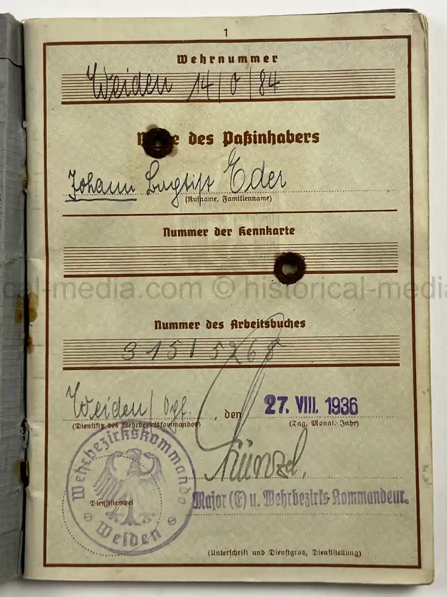 WWII GERMAN WEHRPASS – INFANTERIE – JOHANN EDER – INF. REGT. 41 / 20 – POLENFELDZUG – WOUNDED 1939 – BATTLE OF BZURA