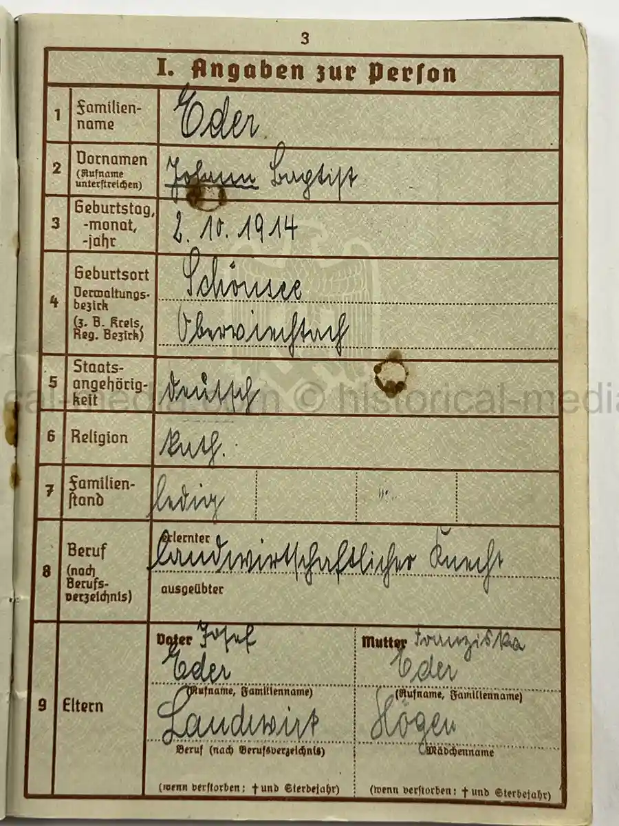 WWII GERMAN WEHRPASS – INFANTERIE – JOHANN EDER – INF. REGT. 41 / 20 – POLENFELDZUG – WOUNDED 1939 – BATTLE OF BZURA