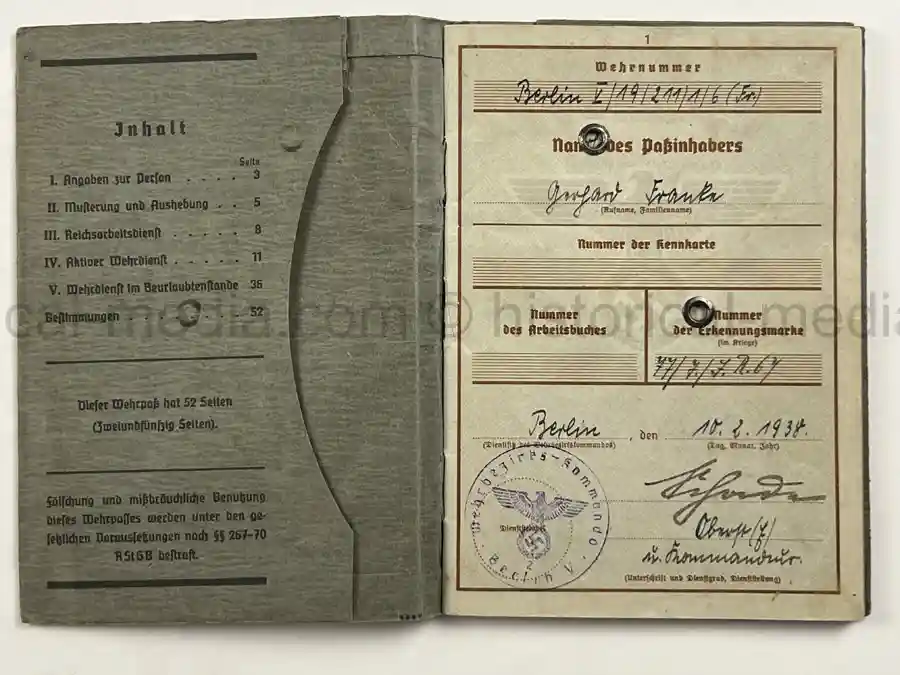 WEHRPASS – GERHARD FRANKE – INF. REGT. 67 – 23. INFANTERIE-DIVISION – POLENFELDZUG – WESTFELDZUG – OSTFRONT – WOUNDED 1941