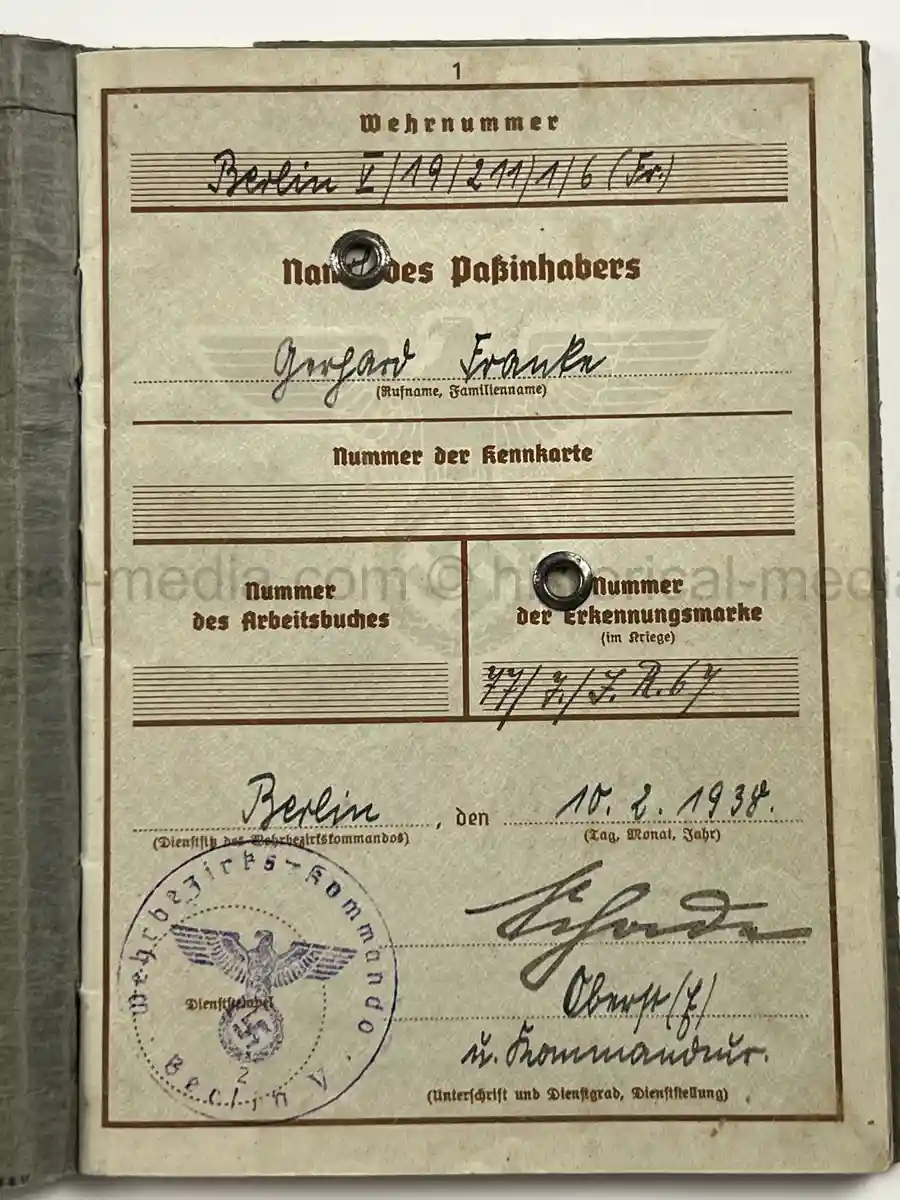 WEHRPASS – GERHARD FRANKE – INF. REGT. 67 – 23. INFANTERIE-DIVISION – POLENFELDZUG – WESTFELDZUG – OSTFRONT – WOUNDED 1941
