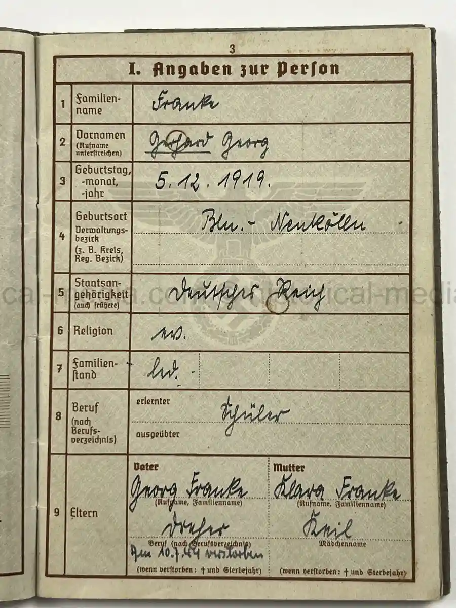 WEHRPASS – GERHARD FRANKE – INF. REGT. 67 – 23. INFANTERIE-DIVISION – POLENFELDZUG – WESTFELDZUG – OSTFRONT – WOUNDED 1941