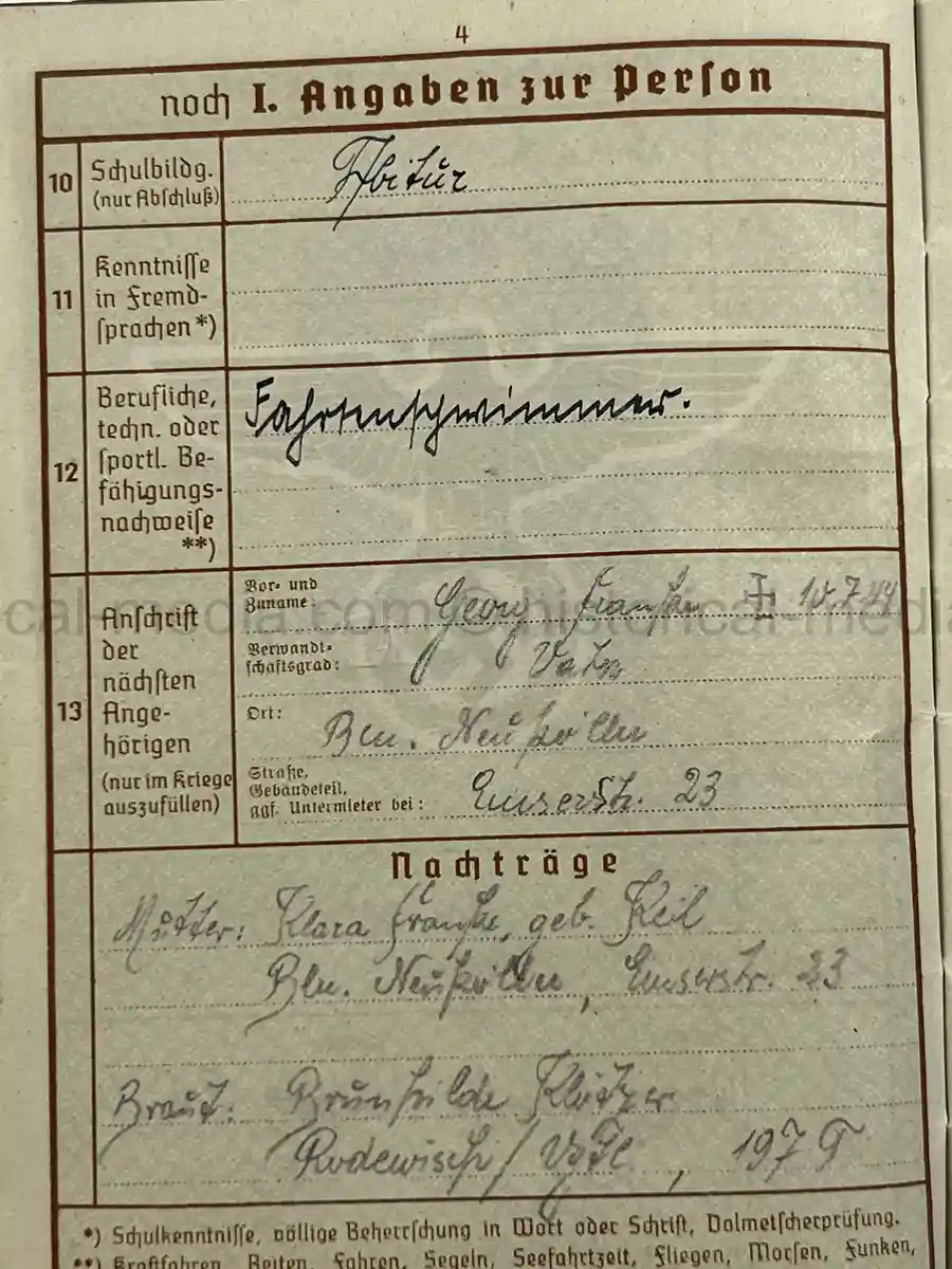 WEHRPASS – GERHARD FRANKE – INF. REGT. 67 – 23. INFANTERIE-DIVISION – POLENFELDZUG – WESTFELDZUG – OSTFRONT – WOUNDED 1941