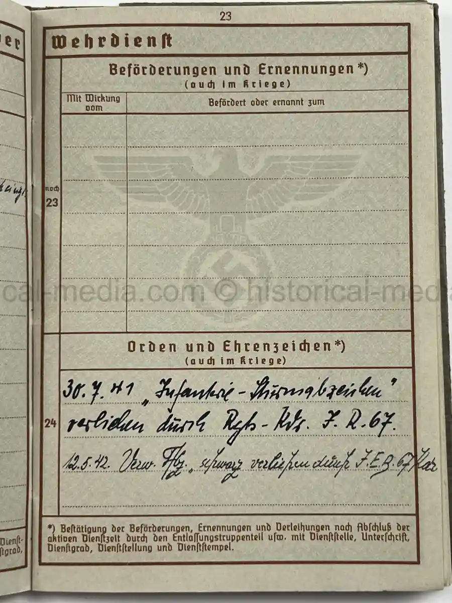 WEHRPASS – GERHARD FRANKE – INF. REGT. 67 – 23. INFANTERIE-DIVISION – POLENFELDZUG – WESTFELDZUG – OSTFRONT – WOUNDED 1941