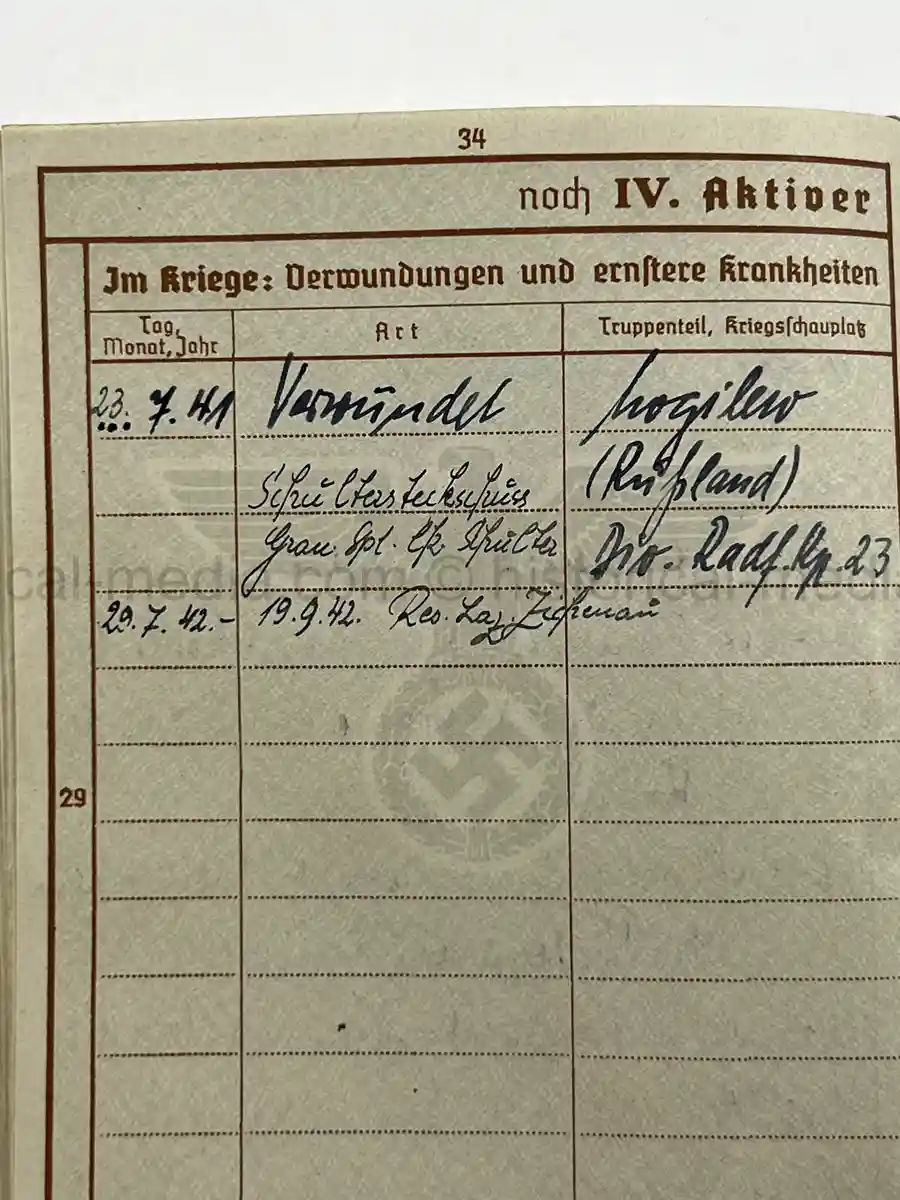 WEHRPASS – GERHARD FRANKE – INF. REGT. 67 – 23. INFANTERIE-DIVISION – POLENFELDZUG – WESTFELDZUG – OSTFRONT – WOUNDED 1941