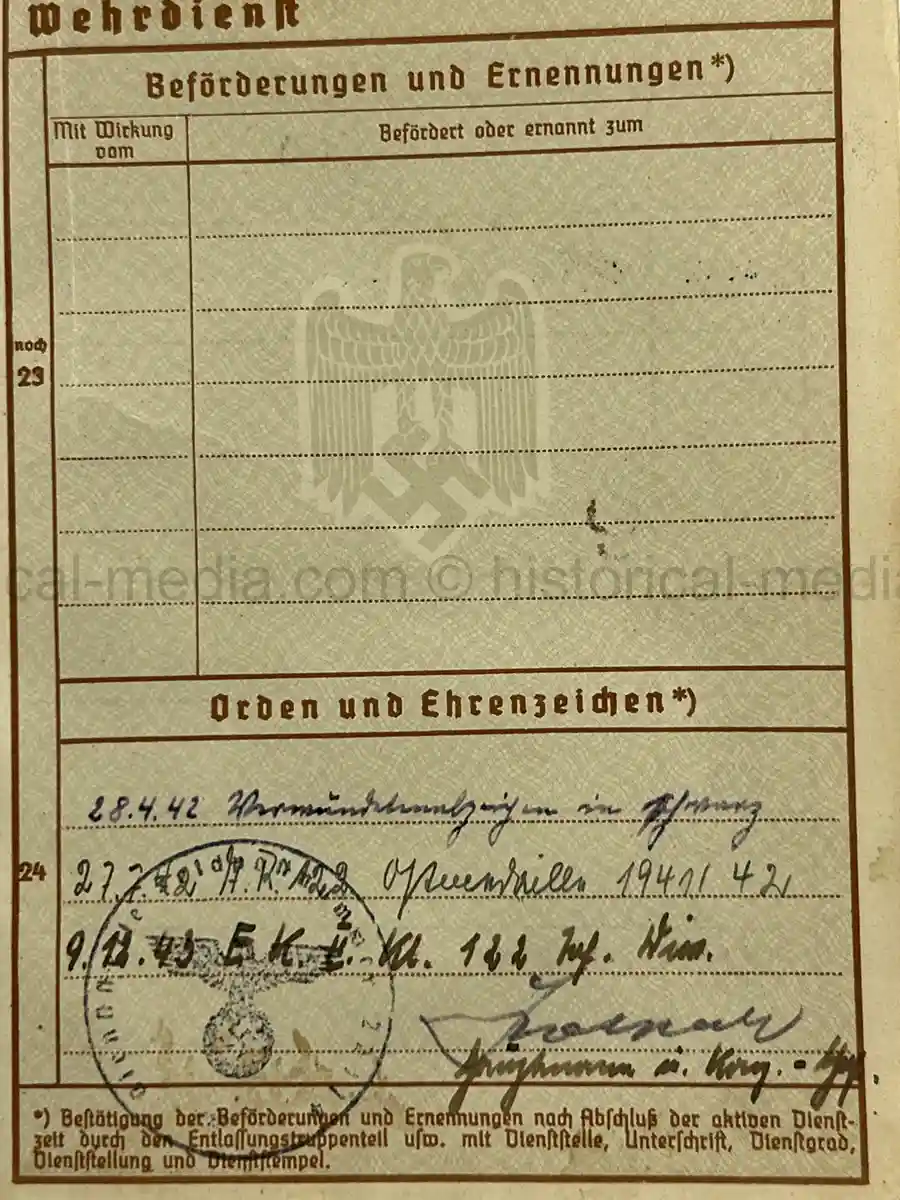 WEHRPASS – FRANZ ZAKRZEWSKI - 23. INFANTERIE-DIVISION – POLAND – FRANCE – OSTFRONT (HEERESGRUPPE NORD) – LENINGRAD / DEMJANSK – KIA NEWEL 1941 – POSTHUMOUS EK II