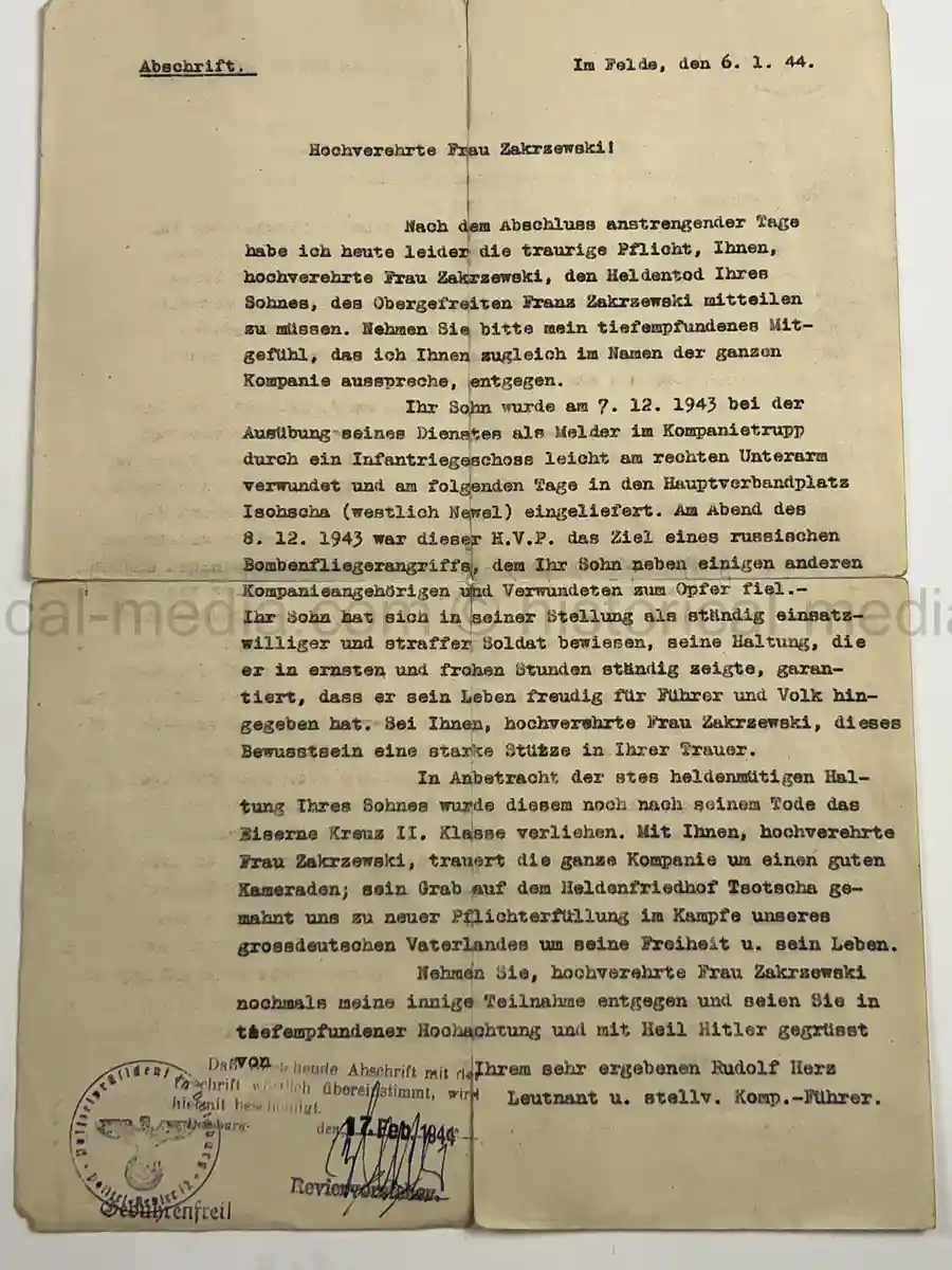 WEHRPASS – FRANZ ZAKRZEWSKI - 23. INFANTERIE-DIVISION – POLAND – FRANCE – OSTFRONT (HEERESGRUPPE NORD) – LENINGRAD / DEMJANSK – KIA NEWEL 1941 – POSTHUMOUS EK II