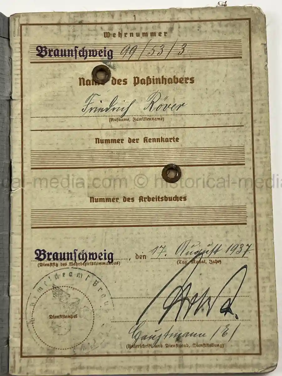 WEHRPASS – FRIEDRICH KARL KOVER – ARTILLERIE-REGIMENT 67 – 23. INF. DIVISION - POLENFELDZUG – WESTFELDZUG
