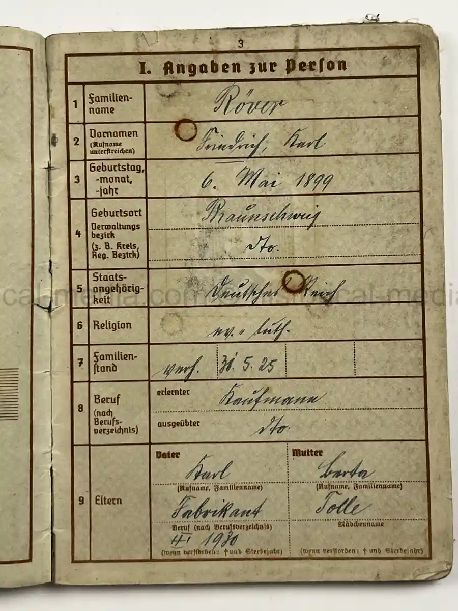 WEHRPASS – FRIEDRICH KARL KOVER – ARTILLERIE-REGIMENT 67 – 23. INF. DIVISION - POLENFELDZUG – WESTFELDZUG