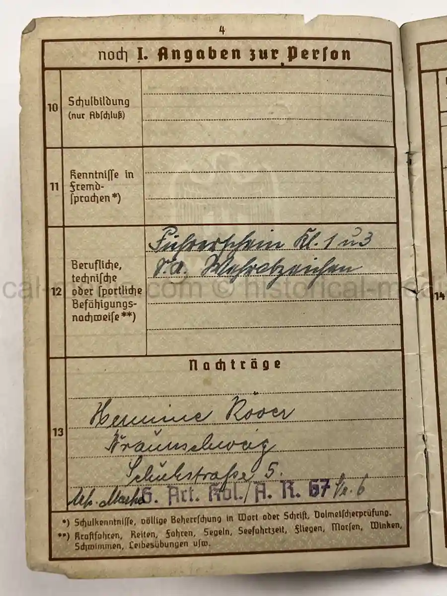 WEHRPASS – FRIEDRICH KARL KOVER – ARTILLERIE-REGIMENT 67 – 23. INF. DIVISION - POLENFELDZUG – WESTFELDZUG