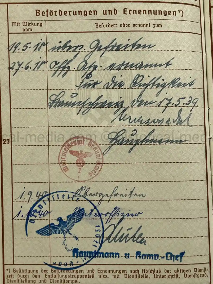 WEHRPASS – FRIEDRICH KARL KOVER – ARTILLERIE-REGIMENT 67 – 23. INF. DIVISION - POLENFELDZUG – WESTFELDZUG