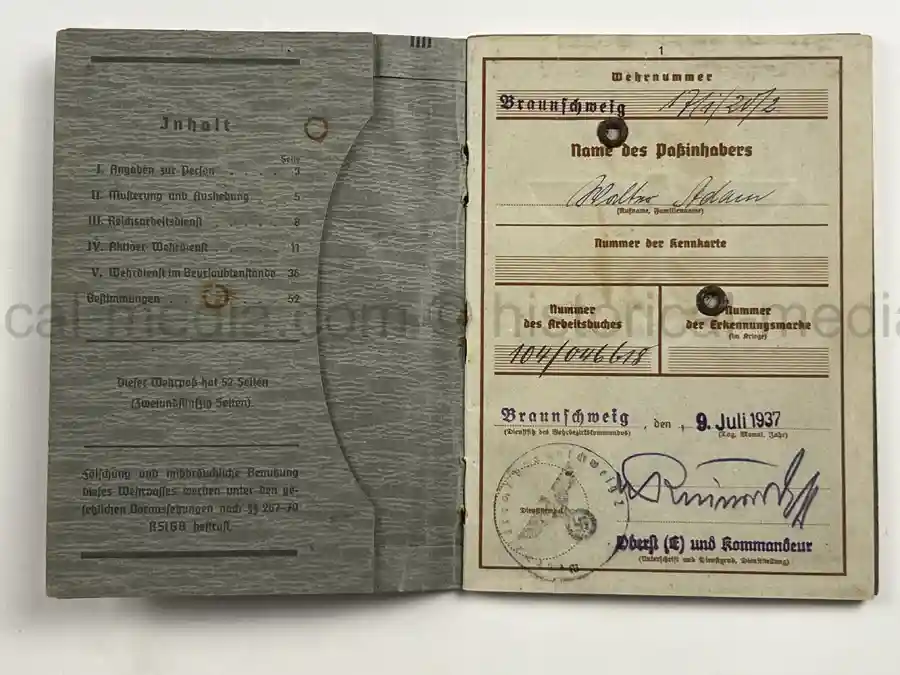 WEHRPASS – WALTER ADAM - 60. + 8. INFANTERIE DIVISION - POLENFELDZUG – WESTFELDZUG – VOLKSSTURM 1944