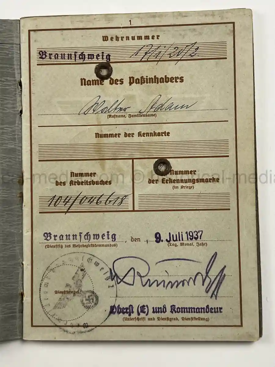 WEHRPASS – WALTER ADAM - 60. + 8. INFANTERIE DIVISION - POLENFELDZUG – WESTFELDZUG – VOLKSSTURM 1944