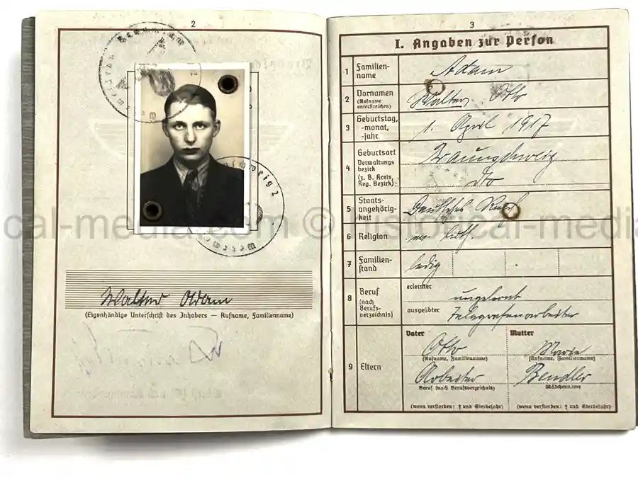 WEHRPASS – WALTER ADAM - 60. + 8. INFANTERIE DIVISION - POLENFELDZUG – WESTFELDZUG – VOLKSSTURM 1944