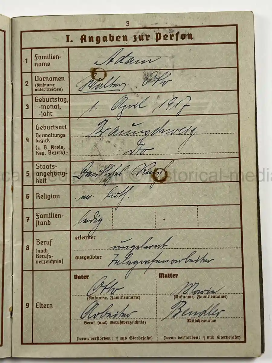 WEHRPASS – WALTER ADAM - 60. + 8. INFANTERIE DIVISION - POLENFELDZUG – WESTFELDZUG – VOLKSSTURM 1944